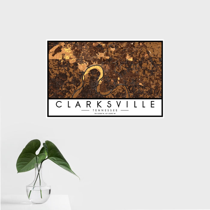 16x24 Clarksville Tennessee Map Print Landscape Orientation in Ember Style With Tropical Plant Leaves in Water