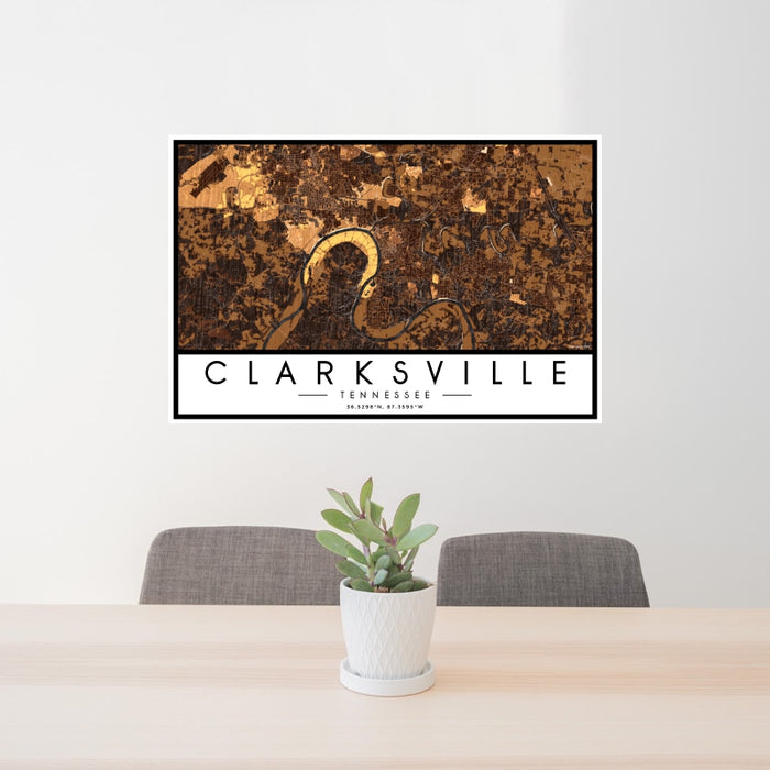 24x36 Clarksville Tennessee Map Print Landscape Orientation in Ember Style Behind 2 Chairs Table and Potted Plant