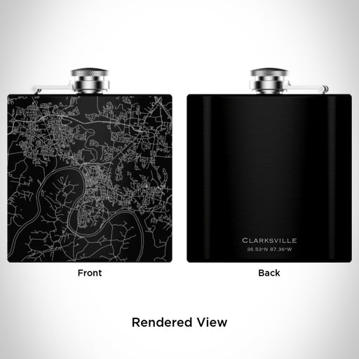 Rendered View of Clarksville Tennessee Map Engraving on 6oz Stainless Steel Flask in Black