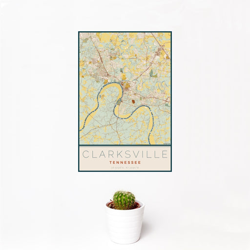 12x18 Clarksville Tennessee Map Print Portrait Orientation in Woodblock Style With Small Cactus Plant in White Planter
