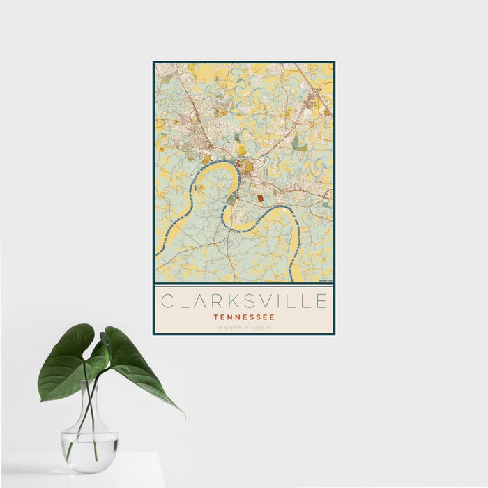 16x24 Clarksville Tennessee Map Print Portrait Orientation in Woodblock Style With Tropical Plant Leaves in Water