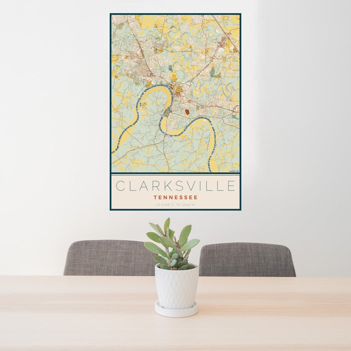 24x36 Clarksville Tennessee Map Print Portrait Orientation in Woodblock Style Behind 2 Chairs Table and Potted Plant