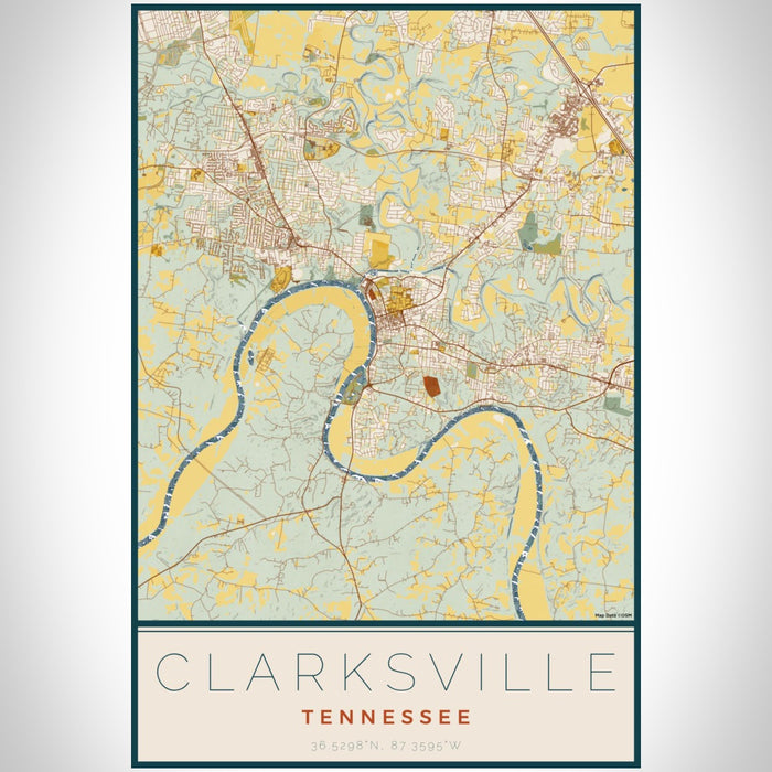 Clarksville Tennessee Map Print Portrait Orientation in Woodblock Style With Shaded Background