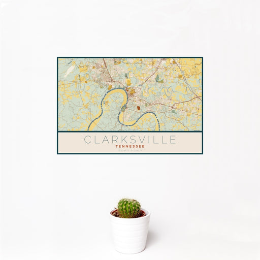 12x18 Clarksville Tennessee Map Print Landscape Orientation in Woodblock Style With Small Cactus Plant in White Planter