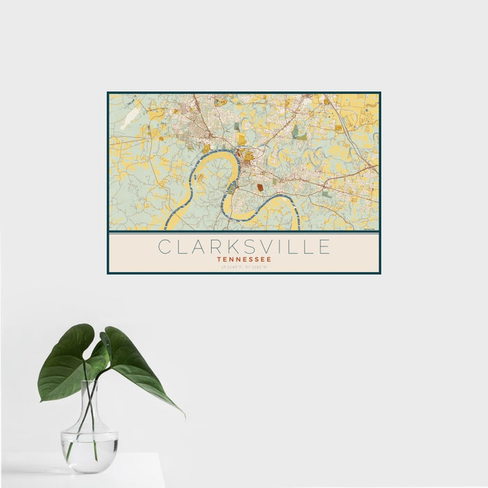 16x24 Clarksville Tennessee Map Print Landscape Orientation in Woodblock Style With Tropical Plant Leaves in Water