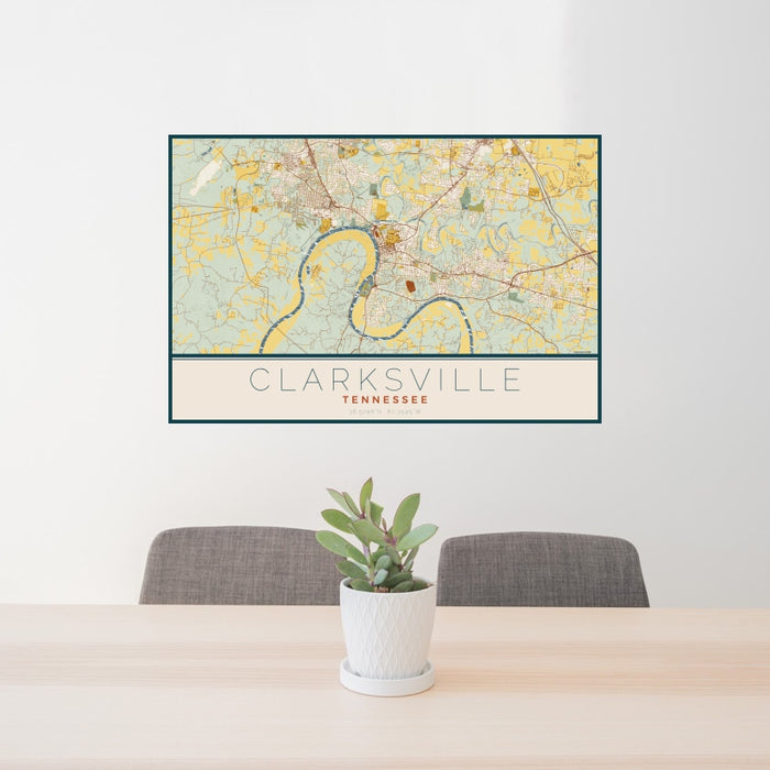 24x36 Clarksville Tennessee Map Print Landscape Orientation in Woodblock Style Behind 2 Chairs Table and Potted Plant