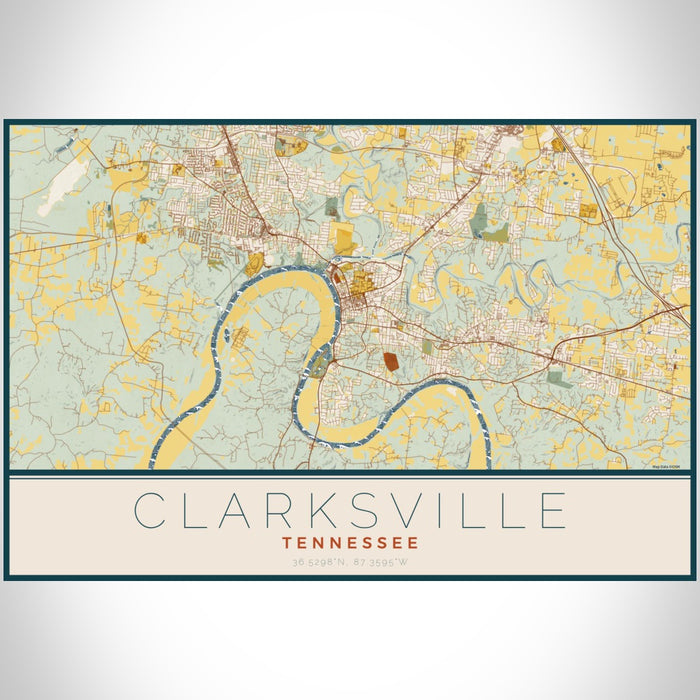 Clarksville Tennessee Map Print Landscape Orientation in Woodblock Style With Shaded Background
