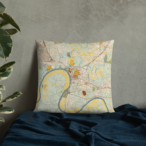 Custom Clarksville Tennessee Map Throw Pillow in Woodblock on Bedding Against Wall