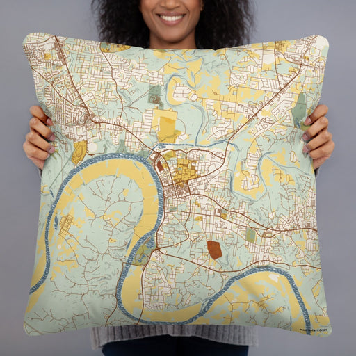 Person holding 22x22 Custom Clarksville Tennessee Map Throw Pillow in Woodblock