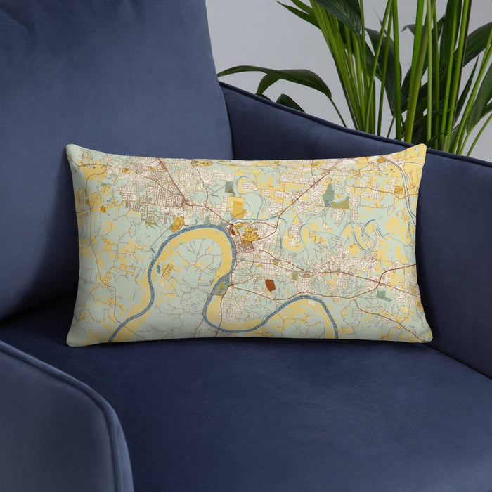 Custom Clarksville Tennessee Map Throw Pillow in Woodblock on Blue Colored Chair