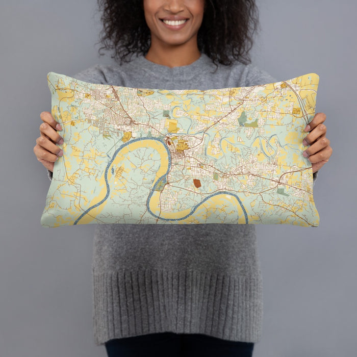 Person holding 20x12 Custom Clarksville Tennessee Map Throw Pillow in Woodblock