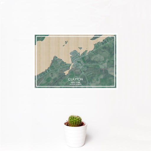 12x18 Clayton New York Map Print Landscape Orientation in Afternoon Style With Small Cactus Plant in White Planter