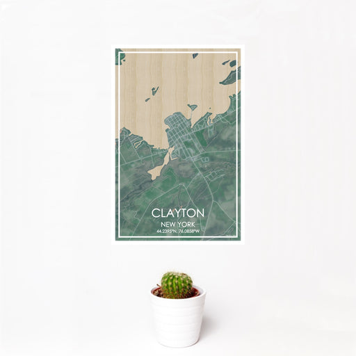 12x18 Clayton New York Map Print Portrait Orientation in Afternoon Style With Small Cactus Plant in White Planter