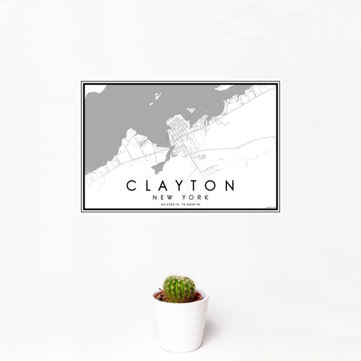 12x18 Clayton New York Map Print Landscape Orientation in Classic Style With Small Cactus Plant in White Planter