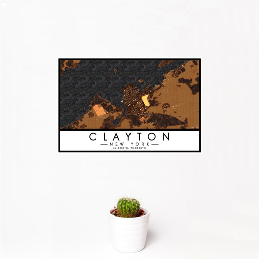 12x18 Clayton New York Map Print Landscape Orientation in Ember Style With Small Cactus Plant in White Planter