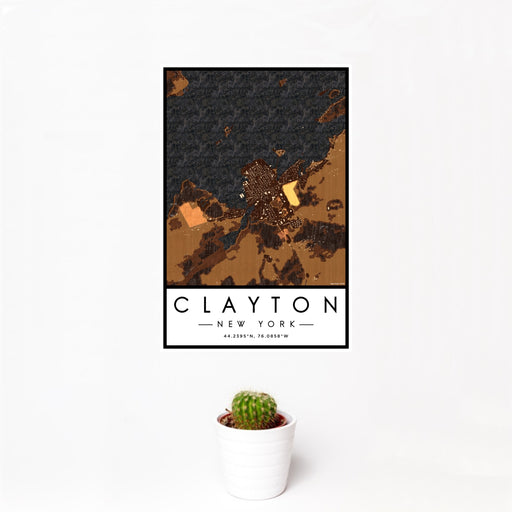 12x18 Clayton New York Map Print Portrait Orientation in Ember Style With Small Cactus Plant in White Planter