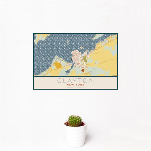 12x18 Clayton New York Map Print Landscape Orientation in Woodblock Style With Small Cactus Plant in White Planter