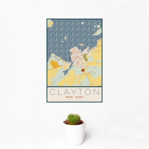12x18 Clayton New York Map Print Portrait Orientation in Woodblock Style With Small Cactus Plant in White Planter