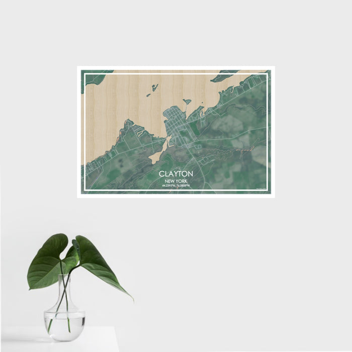 16x24 Clayton New York Map Print Landscape Orientation in Afternoon Style With Tropical Plant Leaves in Water