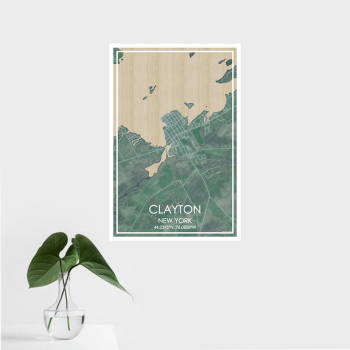 16x24 Clayton New York Map Print Portrait Orientation in Afternoon Style With Tropical Plant Leaves in Water