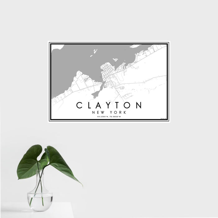 16x24 Clayton New York Map Print Landscape Orientation in Classic Style With Tropical Plant Leaves in Water