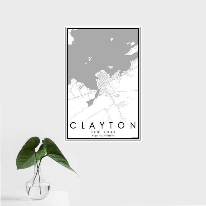 16x24 Clayton New York Map Print Portrait Orientation in Classic Style With Tropical Plant Leaves in Water