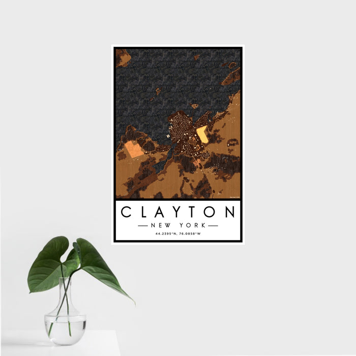 16x24 Clayton New York Map Print Portrait Orientation in Ember Style With Tropical Plant Leaves in Water