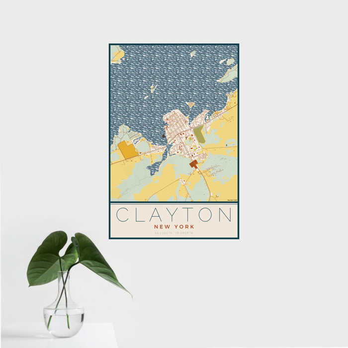 16x24 Clayton New York Map Print Portrait Orientation in Woodblock Style With Tropical Plant Leaves in Water