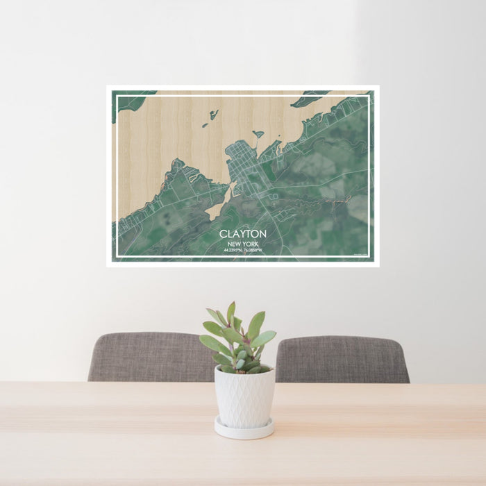 24x36 Clayton New York Map Print Lanscape Orientation in Afternoon Style Behind 2 Chairs Table and Potted Plant
