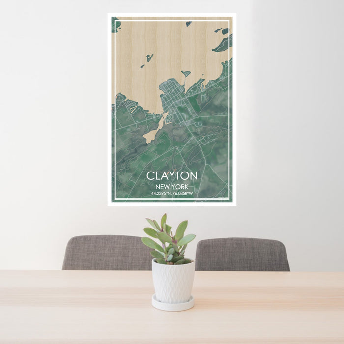 24x36 Clayton New York Map Print Portrait Orientation in Afternoon Style Behind 2 Chairs Table and Potted Plant