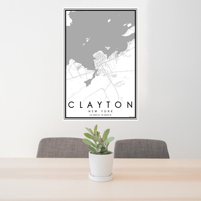 24x36 Clayton New York Map Print Portrait Orientation in Classic Style Behind 2 Chairs Table and Potted Plant