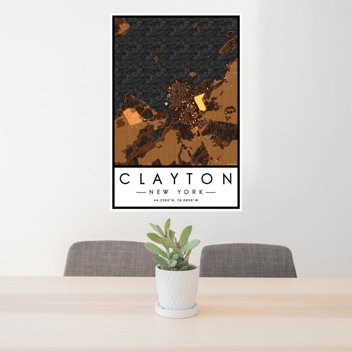 24x36 Clayton New York Map Print Portrait Orientation in Ember Style Behind 2 Chairs Table and Potted Plant