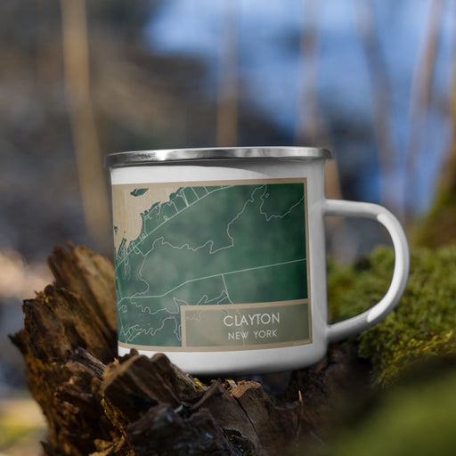 Right View Custom Clayton New York Map Enamel Mug in Afternoon on Grass With Trees in Background
