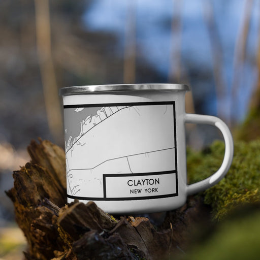 Right View Custom Clayton New York Map Enamel Mug in Classic on Grass With Trees in Background