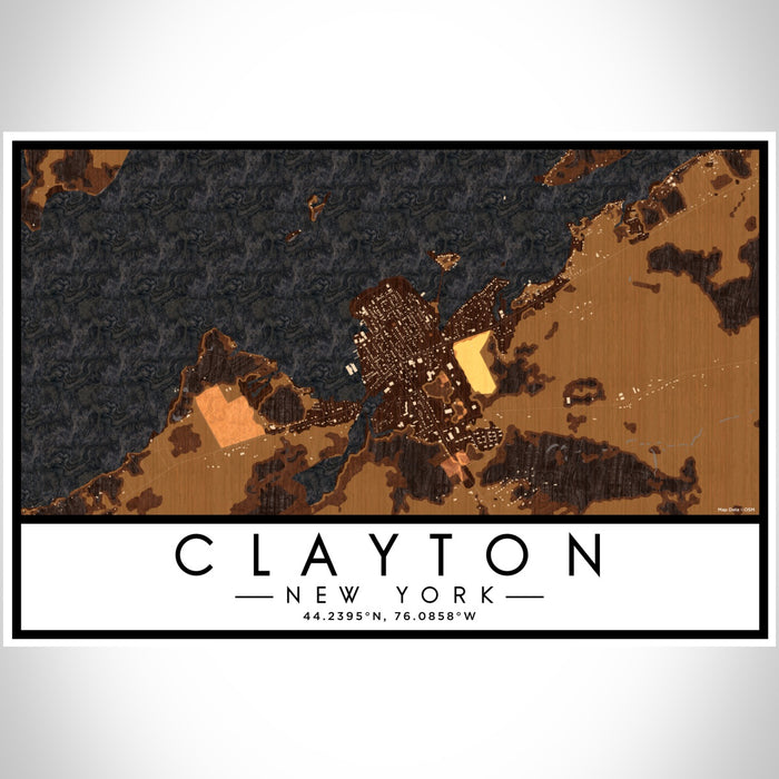 Clayton New York Map Print Landscape Orientation in Ember Style With Shaded Background