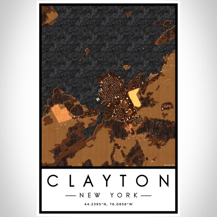Clayton New York Map Print Portrait Orientation in Ember Style With Shaded Background