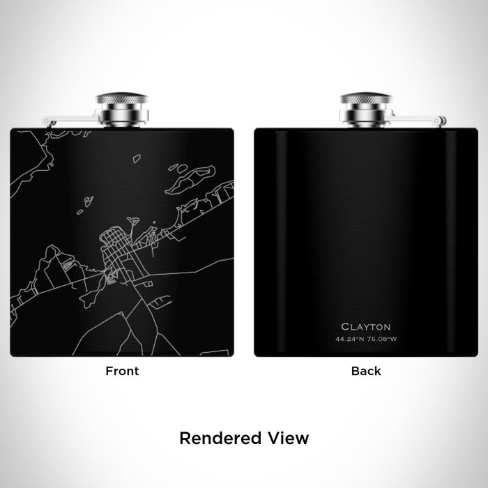 Rendered View of Clayton New York Map Engraving on 6oz Stainless Steel Flask in Black