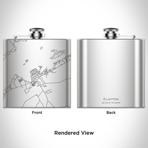 Rendered View of Clayton New York Map Engraving on 6oz Stainless Steel Flask