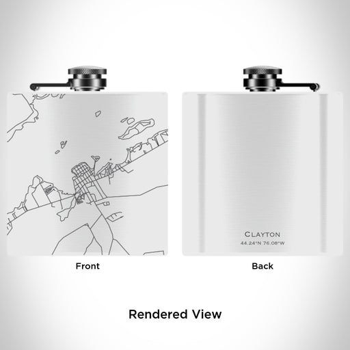 Rendered View of Clayton New York Map Engraving on 6oz Stainless Steel Flask in White