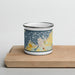 Front View Custom Clayton New York Map Enamel Mug in Woodblock on Cutting Board