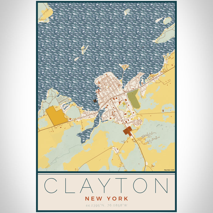 Clayton New York Map Print Portrait Orientation in Woodblock Style With Shaded Background