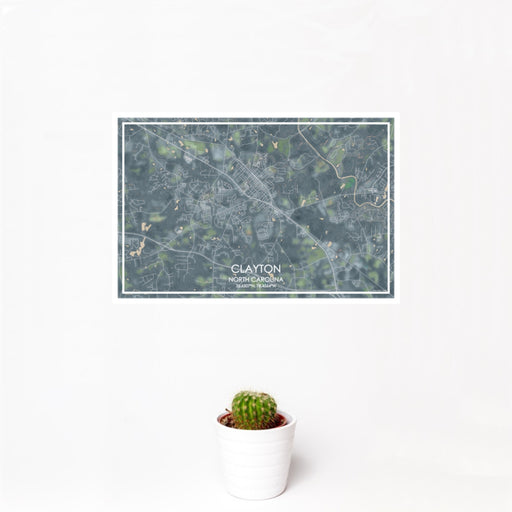 12x18 Clayton North Carolina Map Print Landscape Orientation in Afternoon Style With Small Cactus Plant in White Planter