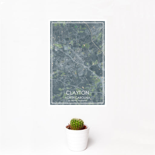 12x18 Clayton North Carolina Map Print Portrait Orientation in Afternoon Style With Small Cactus Plant in White Planter