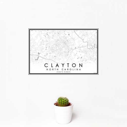 12x18 Clayton North Carolina Map Print Landscape Orientation in Classic Style With Small Cactus Plant in White Planter