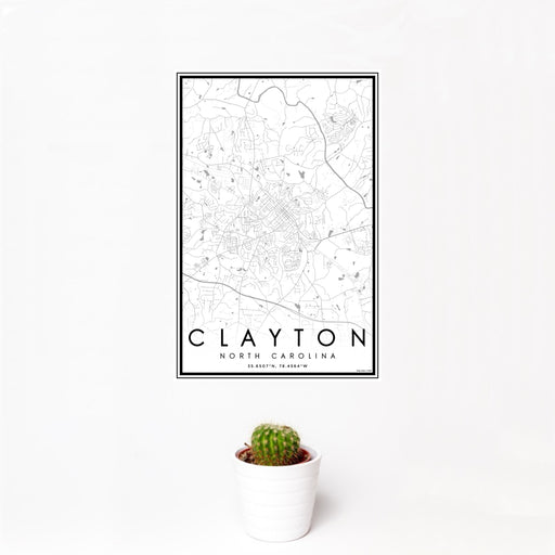 12x18 Clayton North Carolina Map Print Portrait Orientation in Classic Style With Small Cactus Plant in White Planter