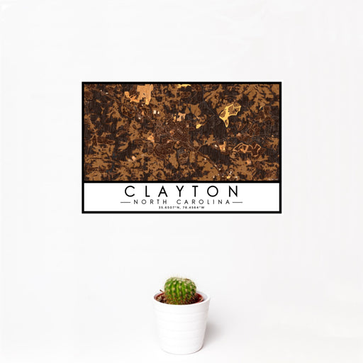 12x18 Clayton North Carolina Map Print Landscape Orientation in Ember Style With Small Cactus Plant in White Planter