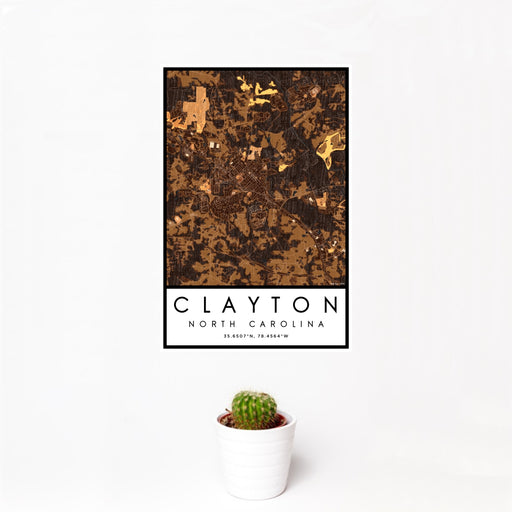 12x18 Clayton North Carolina Map Print Portrait Orientation in Ember Style With Small Cactus Plant in White Planter