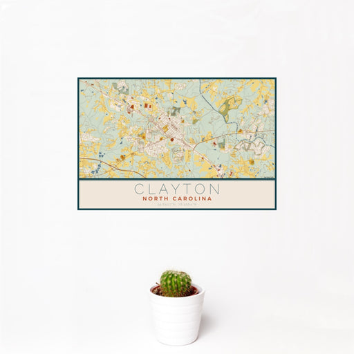 12x18 Clayton North Carolina Map Print Landscape Orientation in Woodblock Style With Small Cactus Plant in White Planter
