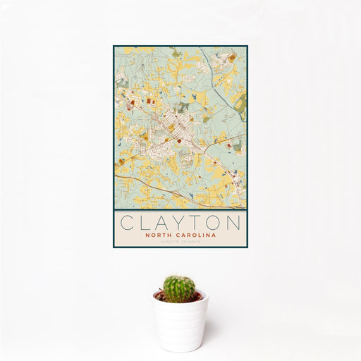 12x18 Clayton North Carolina Map Print Portrait Orientation in Woodblock Style With Small Cactus Plant in White Planter