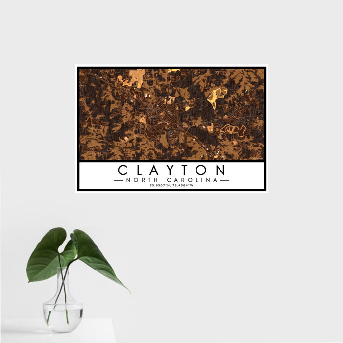 16x24 Clayton North Carolina Map Print Landscape Orientation in Ember Style With Tropical Plant Leaves in Water